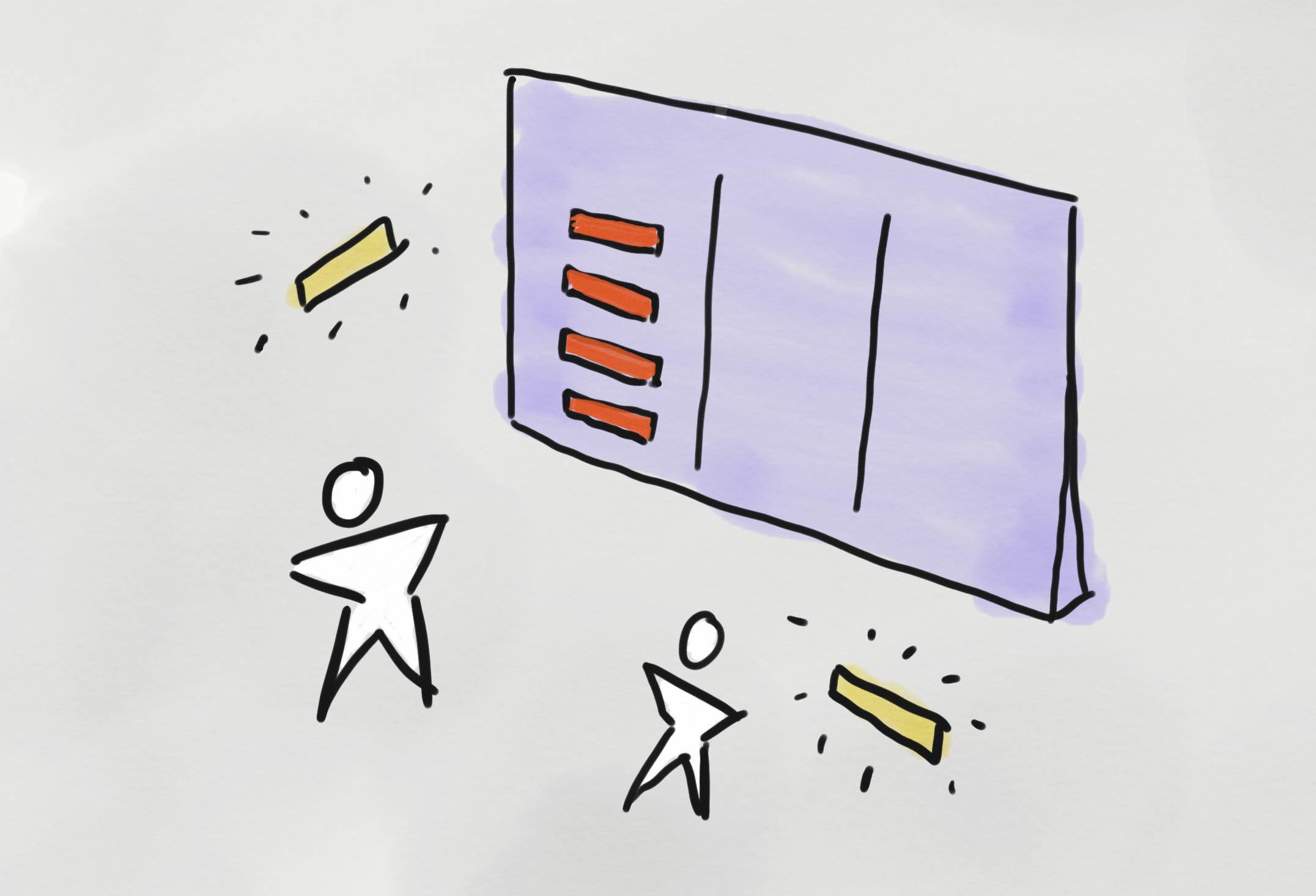 Illustration of two figures putting ideas onto a backlog